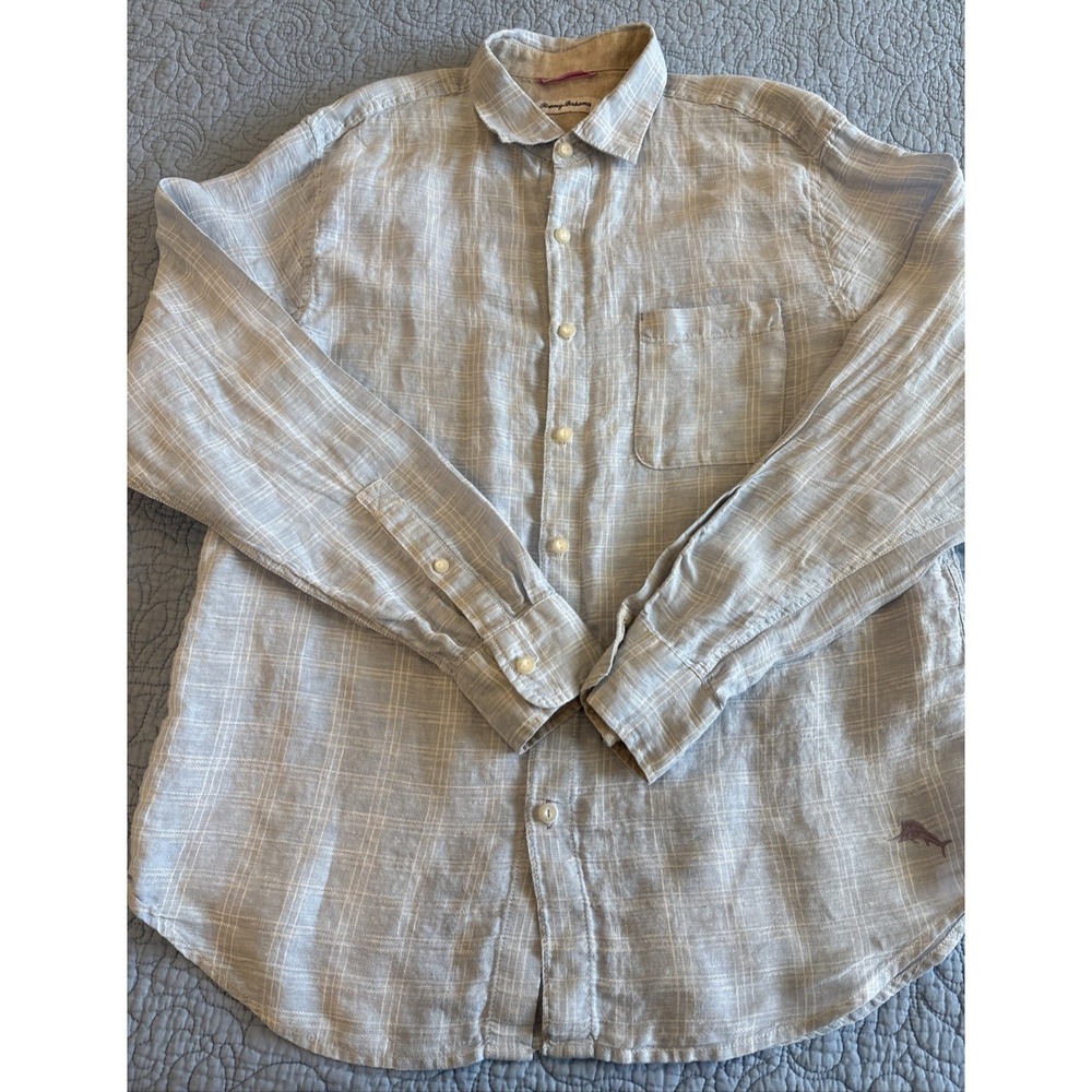 Tommy Bahama Mens Large Blue Ventana Plaid Linen Flip Cuff Shirt Long Sleeve